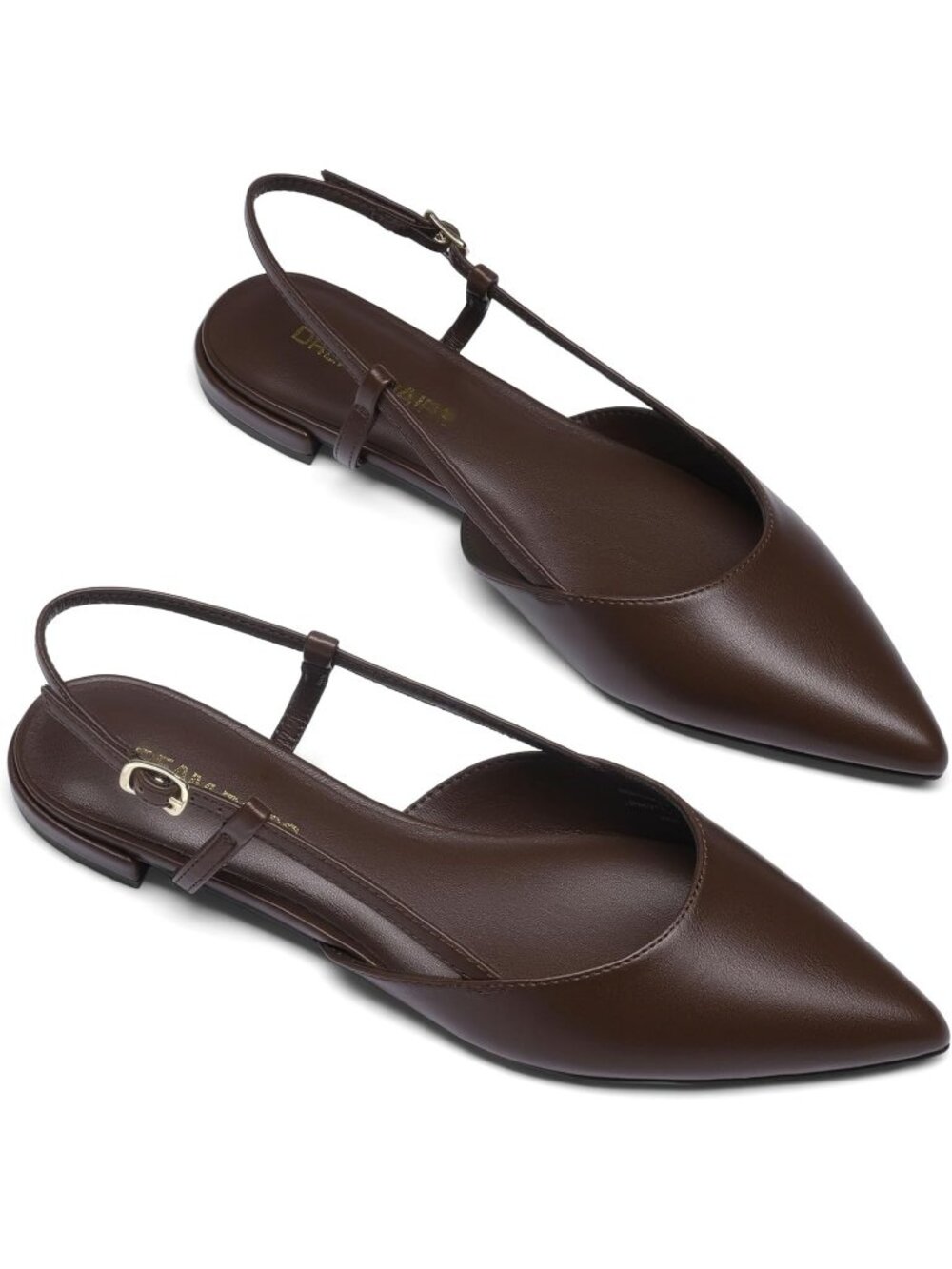 Women's Brown Pointed Toe Slingback Faux Leather Buckle Strap Ballet Flats - Picture 5 of 7